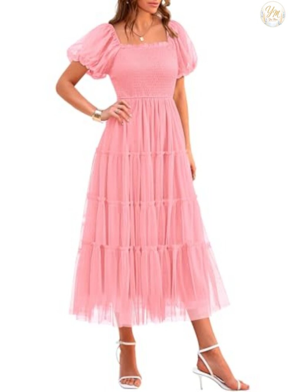 Women's Smocked Midi Tulle Dress Puff Sleeve Square Neck Tiered